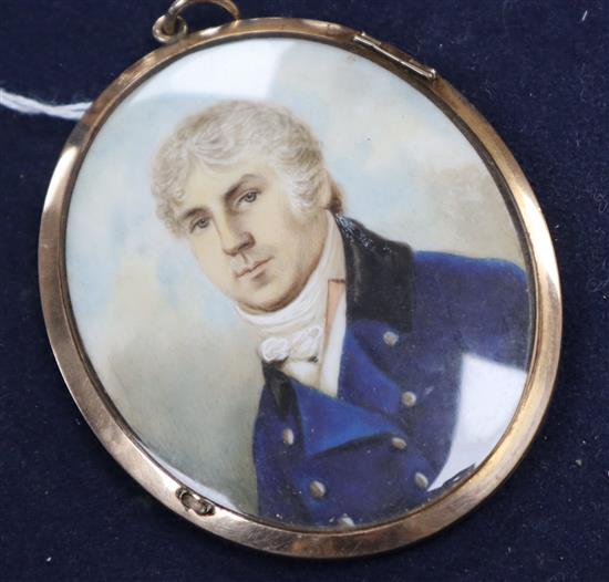 19th century English School, oil on ivory, Miniature portrait of a gentleman wearing a blue coat 7 x 5.5cm